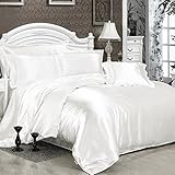 Dightyoho Juego de Funda para Edredón de Seda Satén Nordica para Cama 180/150/120cm, Juego de Sábanas de Matrimonio para Cama Individual Invierno (150 cm, Blanco)